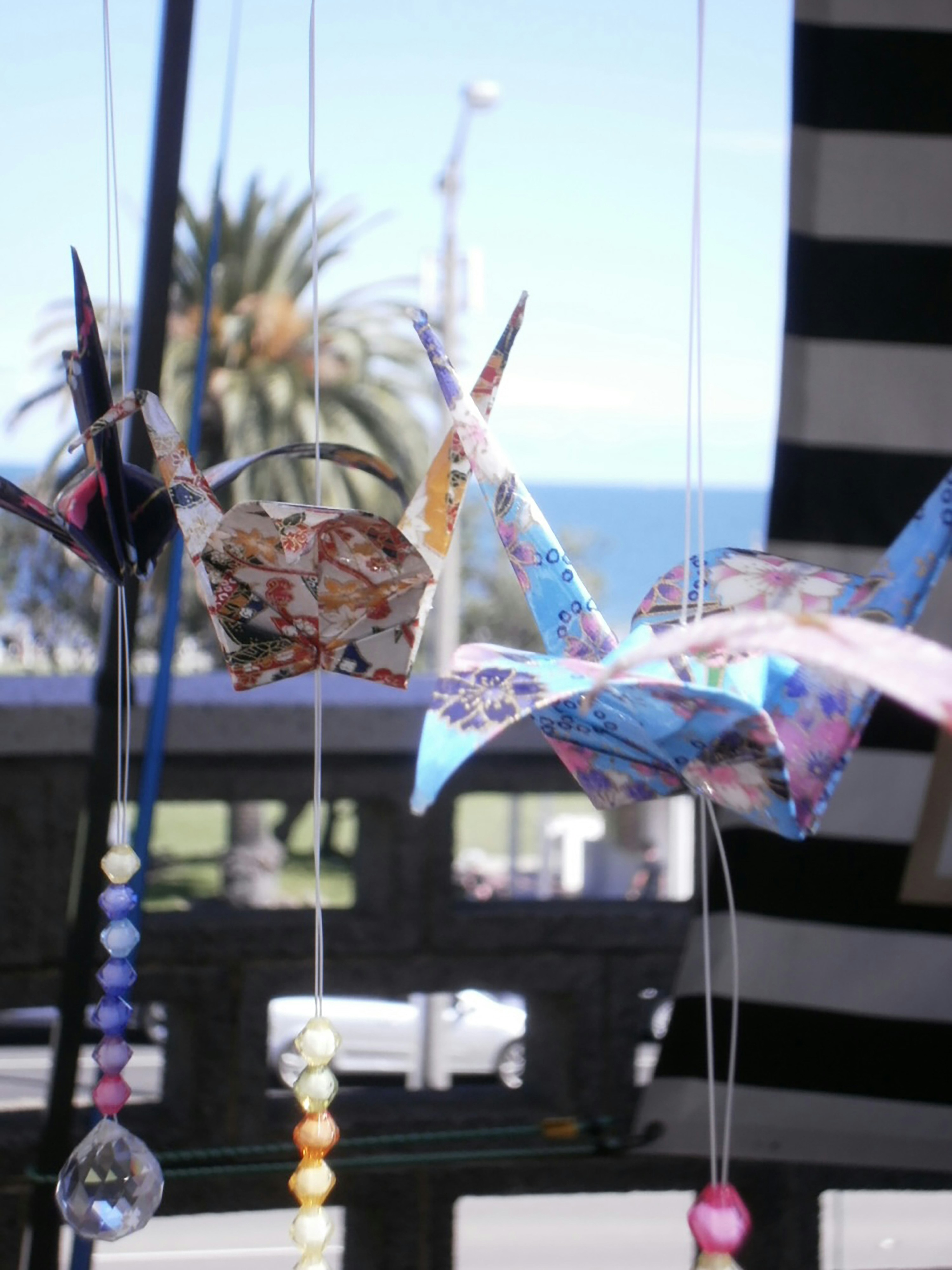 Origami cranes hang with the ocean in the background.