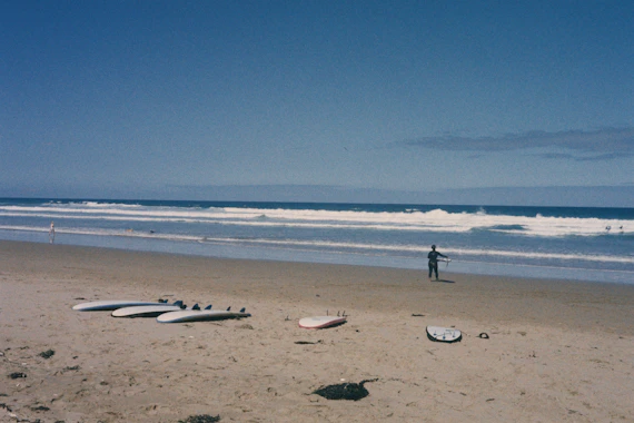Surfers and surfboards await the waves on the beach.