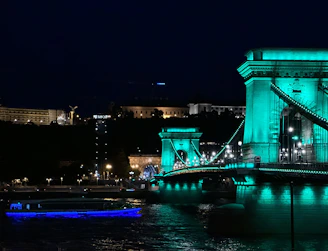 Nighttime view of a bridge illuminated in green.