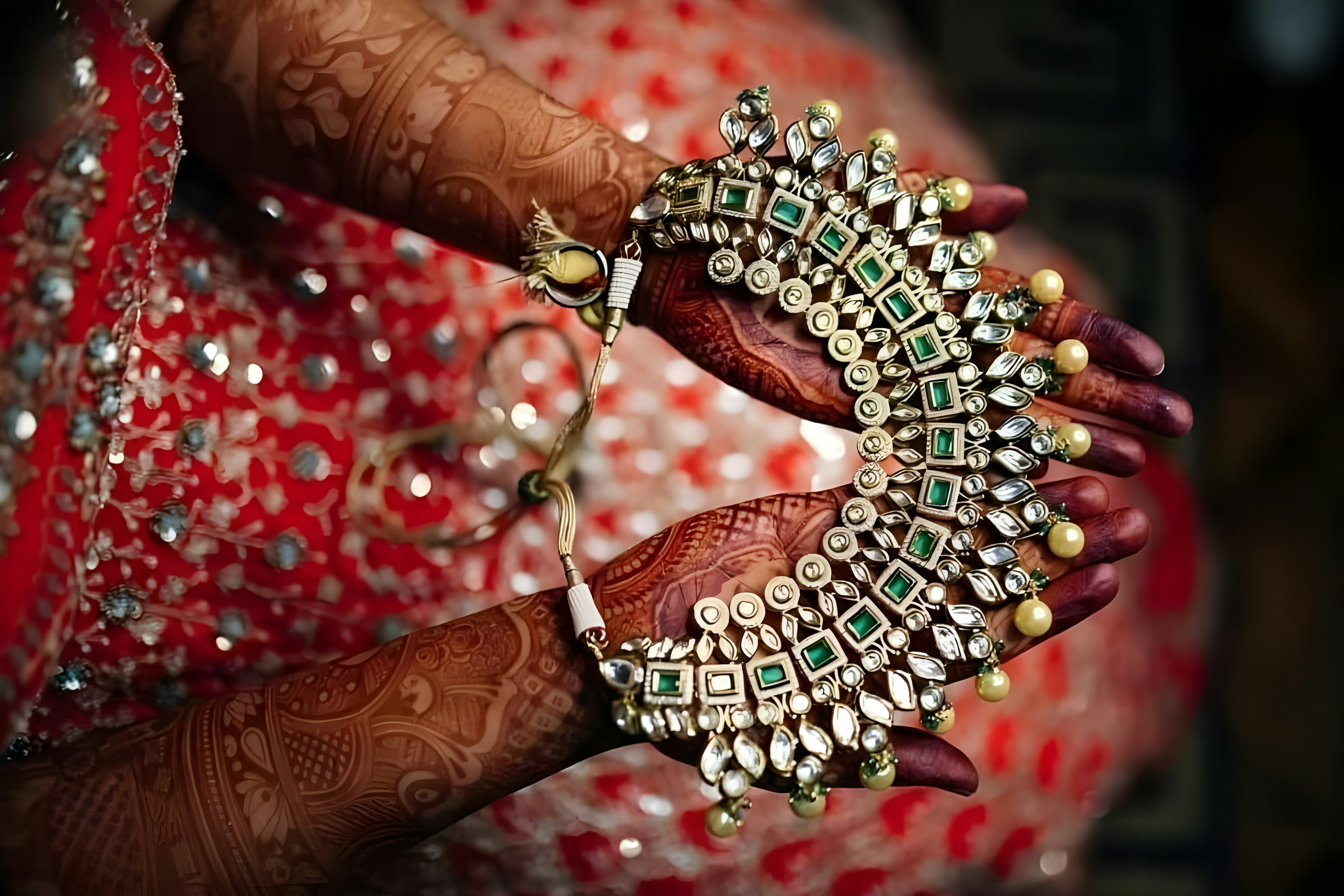 Jeweled necklace is held with henna-decorated hands.
