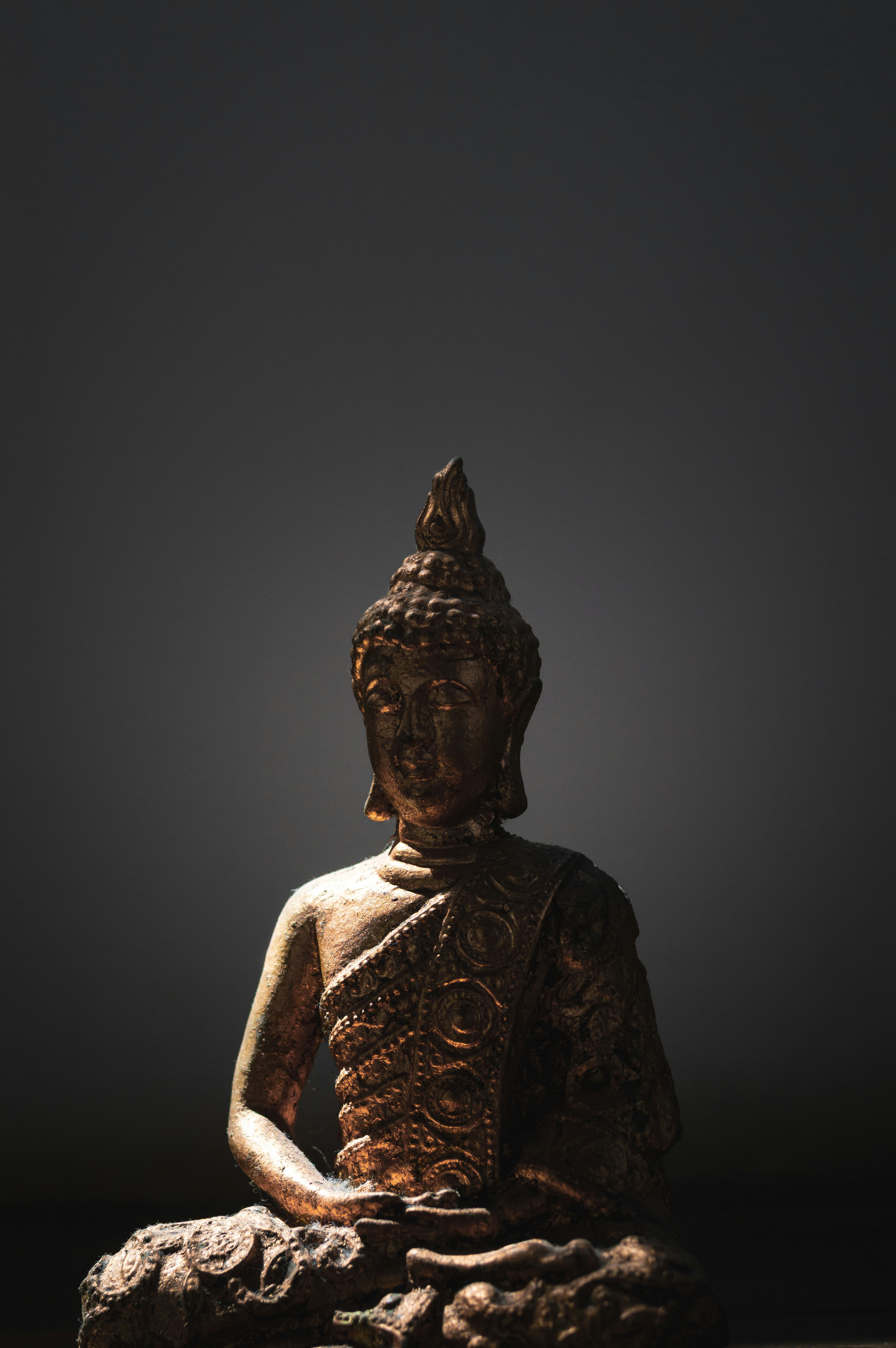A golden buddha statue is seated in meditation.