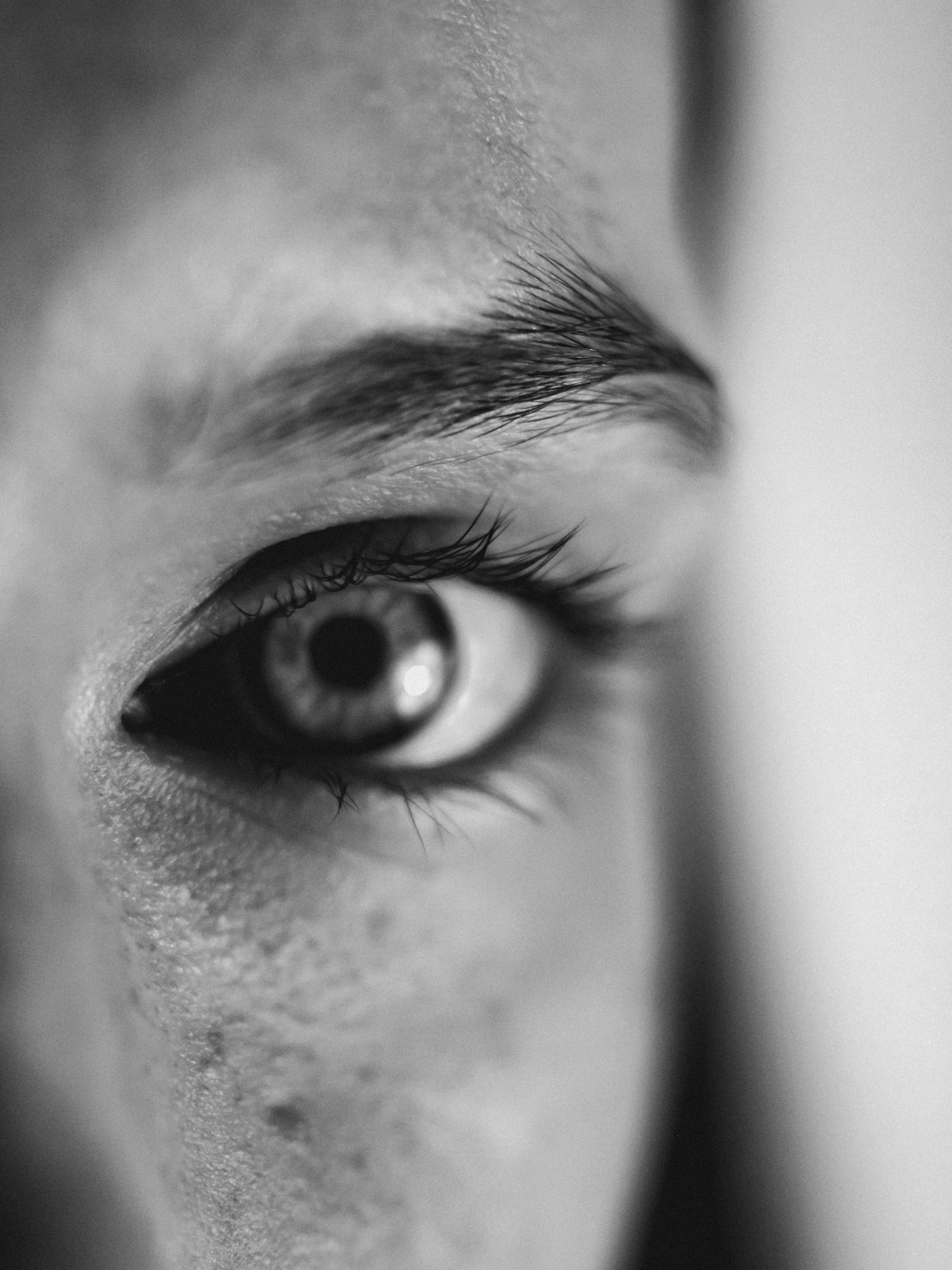 A close-up black and white photograph of an eye