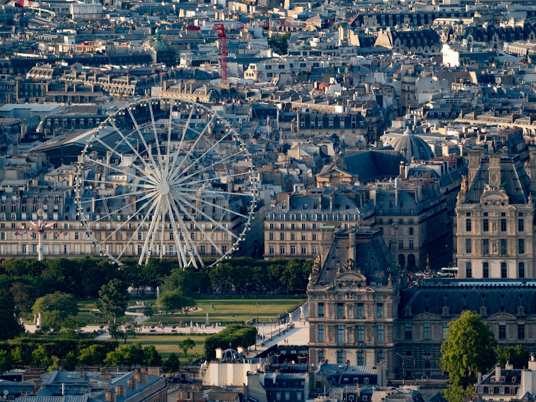 The eiffel tower and ferris wheel can be seen.,