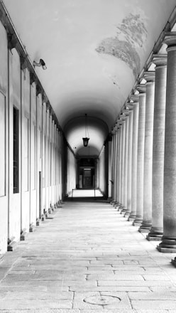 A long, columned corridor in black and white.
