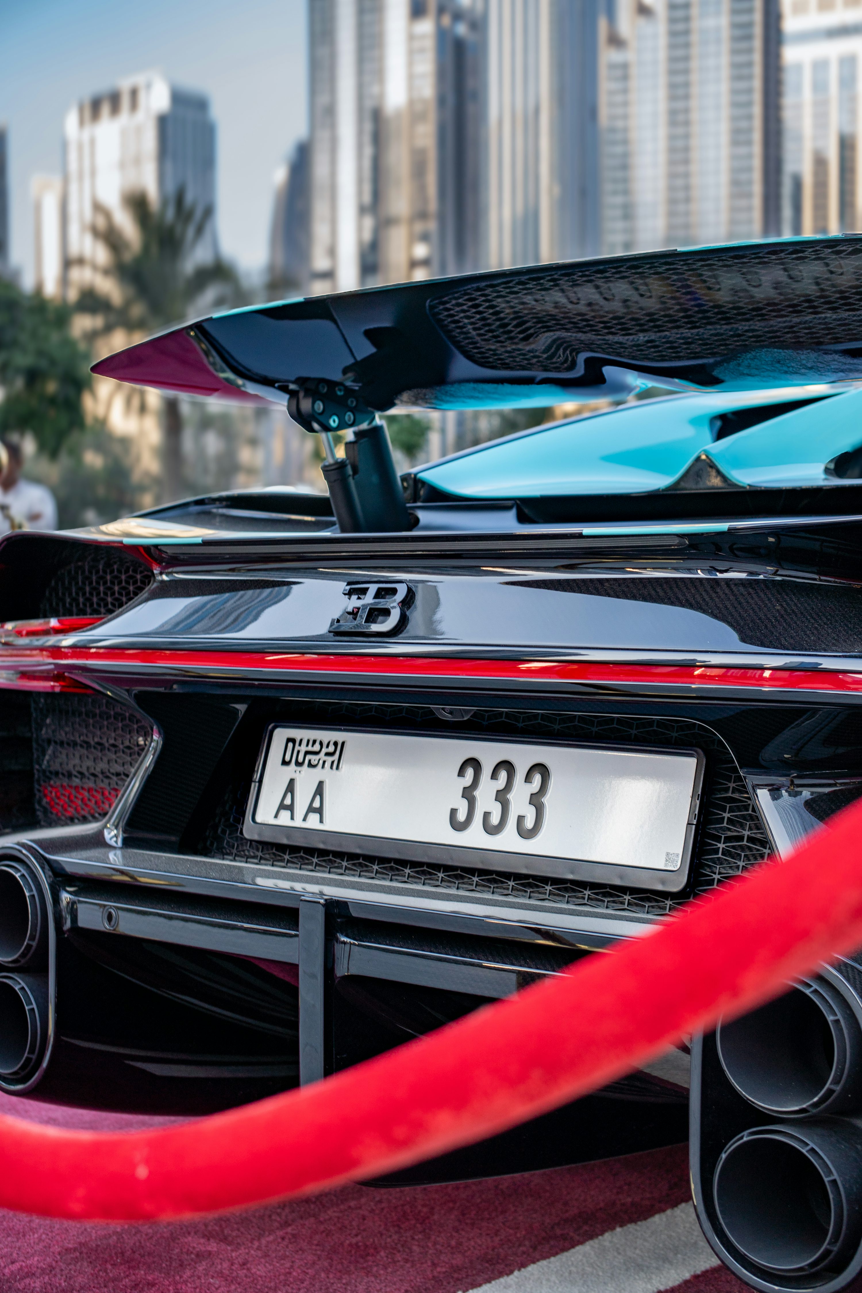 A bugatti chiron's rear view in dubai.