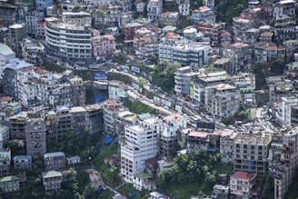 An aerial view of a dense cityscape.