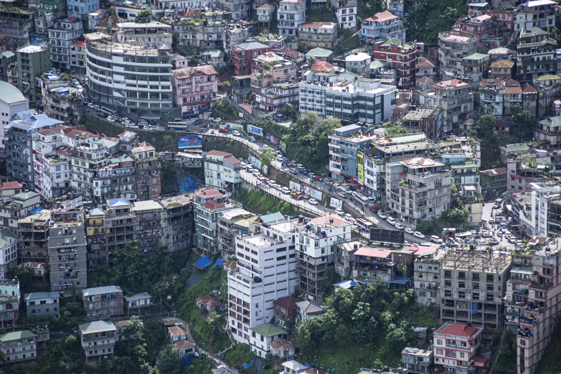 An aerial view of a dense cityscape.