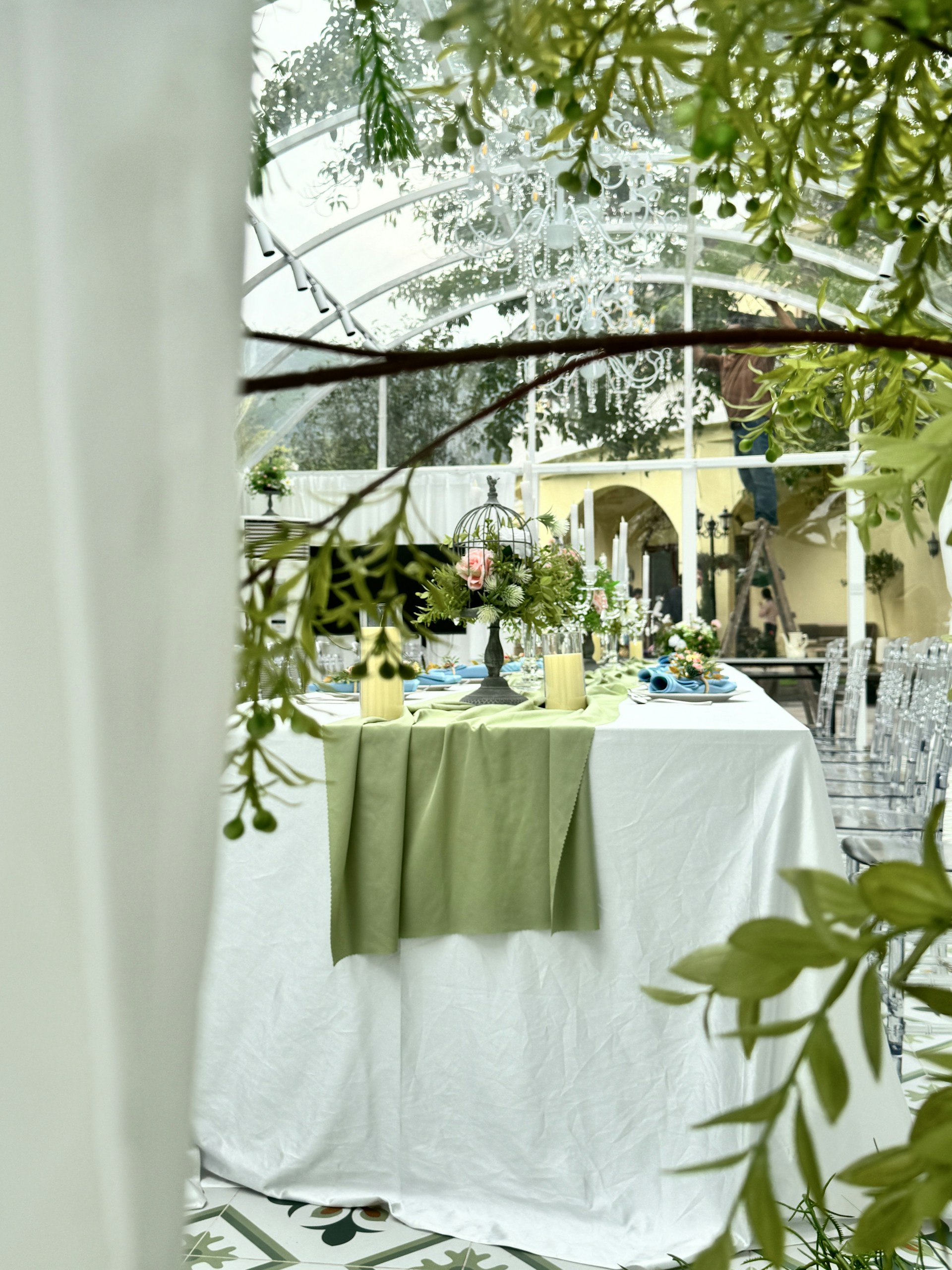 A beautifully decorated table in a greenhouse.