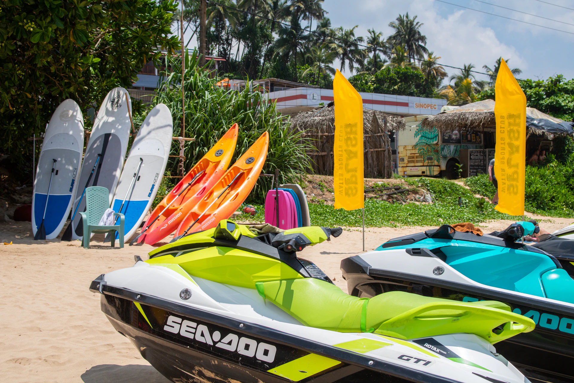 Beach activities are ready for an exciting day.