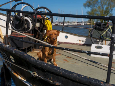 Dog sits on the boat, gazing at the camera.