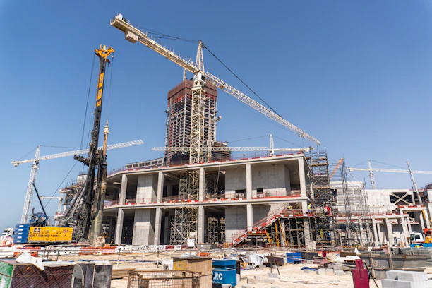 Construction of a large building is in progress.