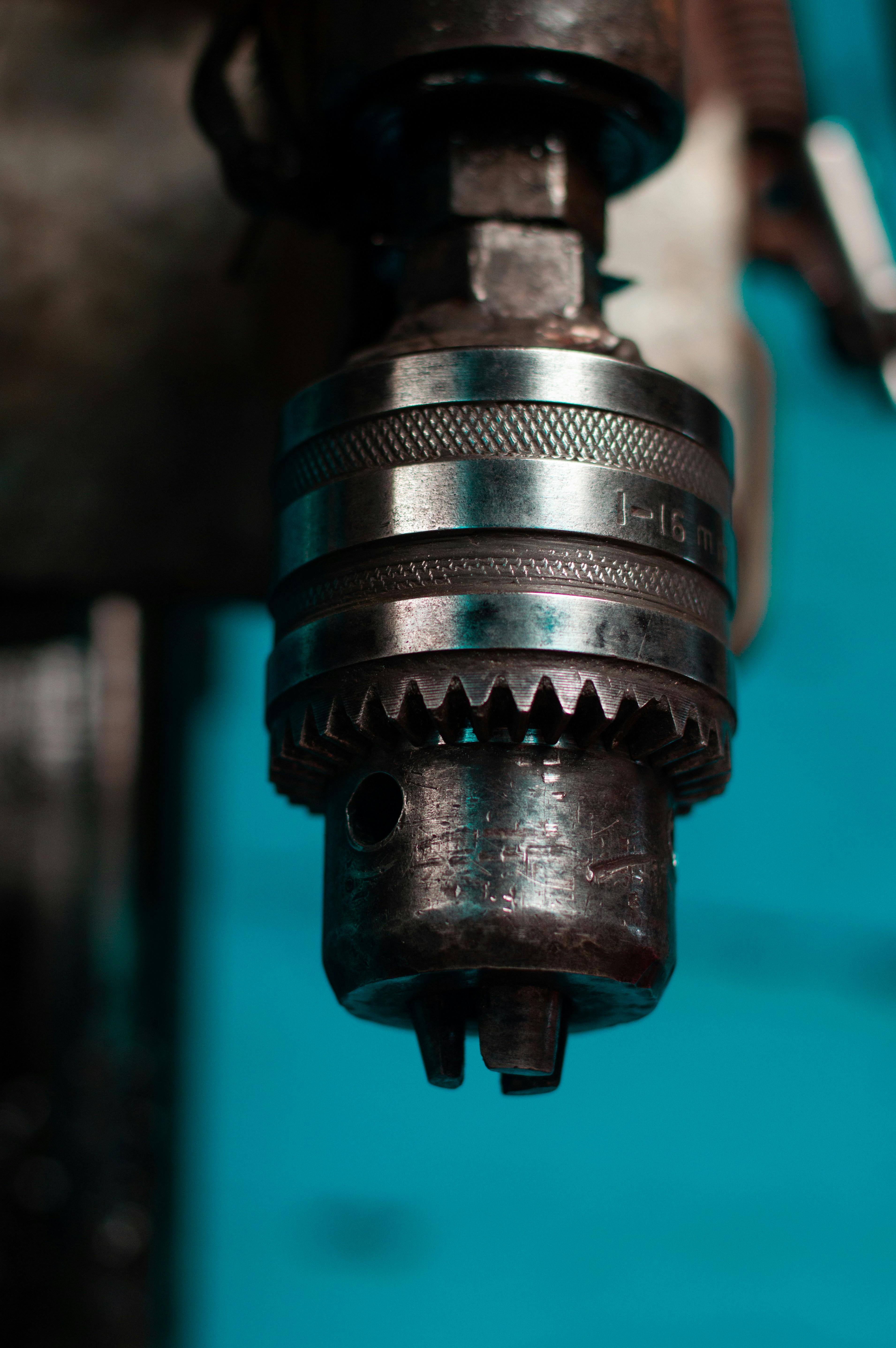 A close-up shot of a drill chuck.