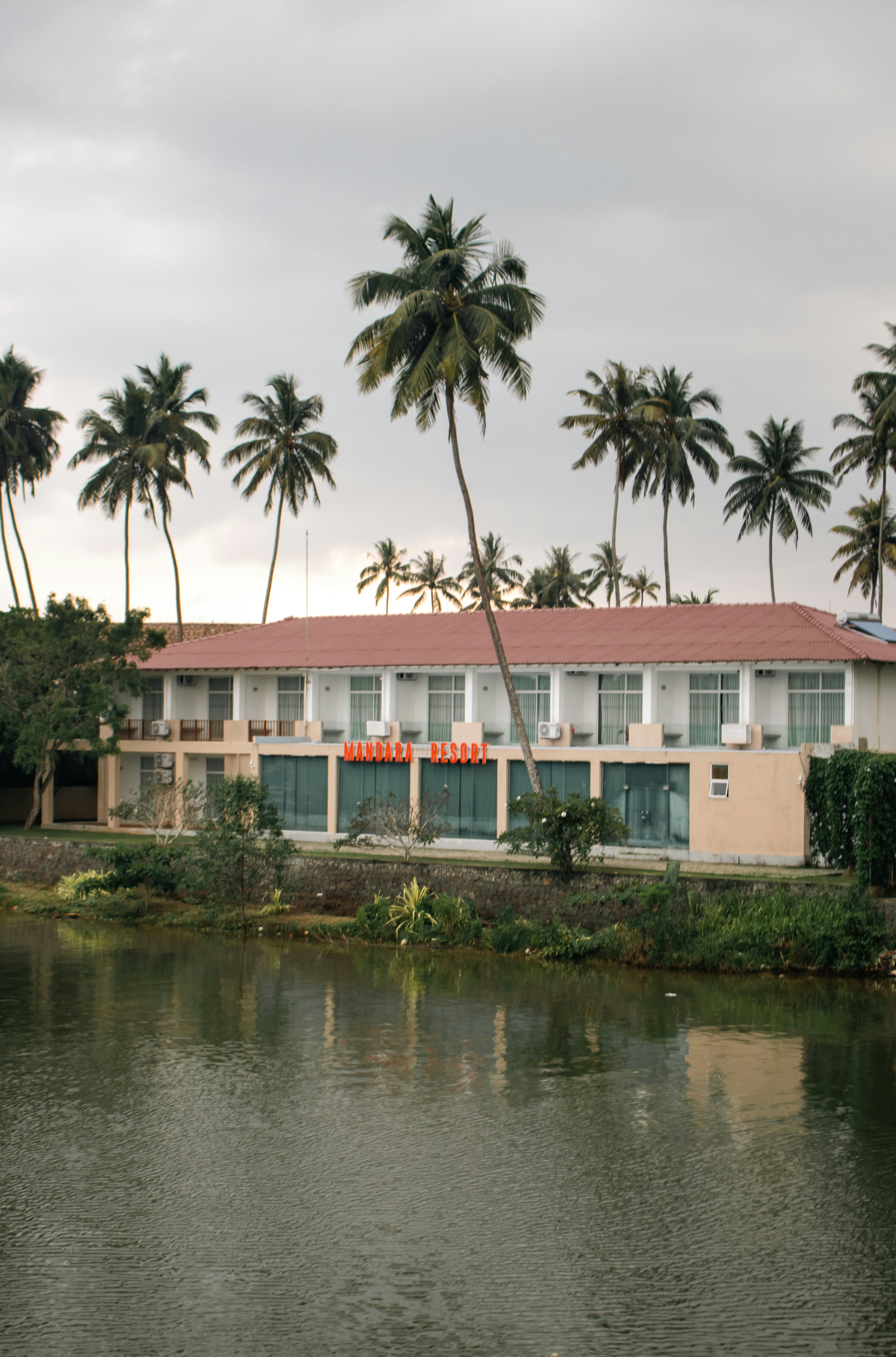Hotel building stands among palm trees near a lake.