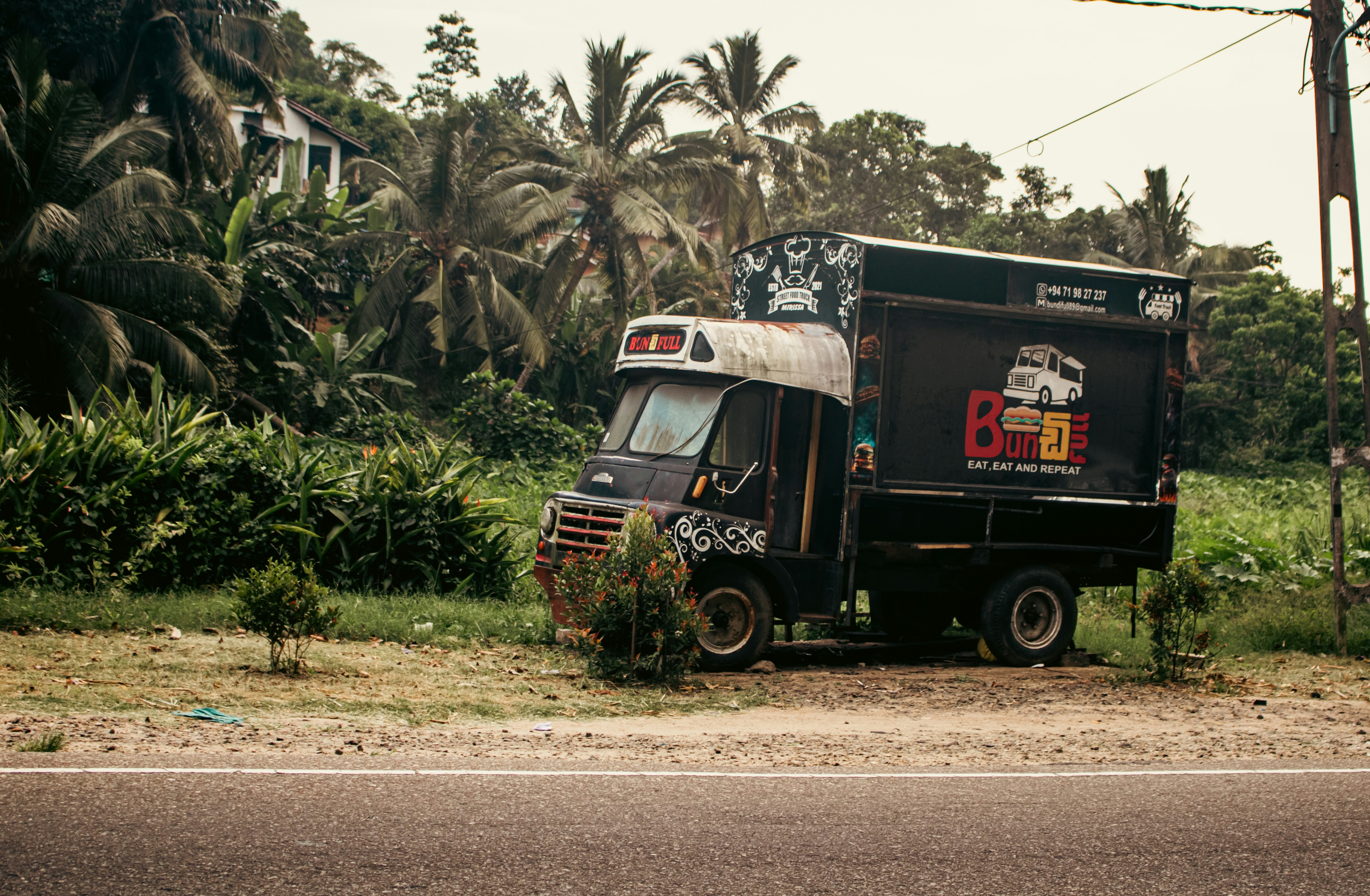 Old truck parked by a road near tropical greenery.
