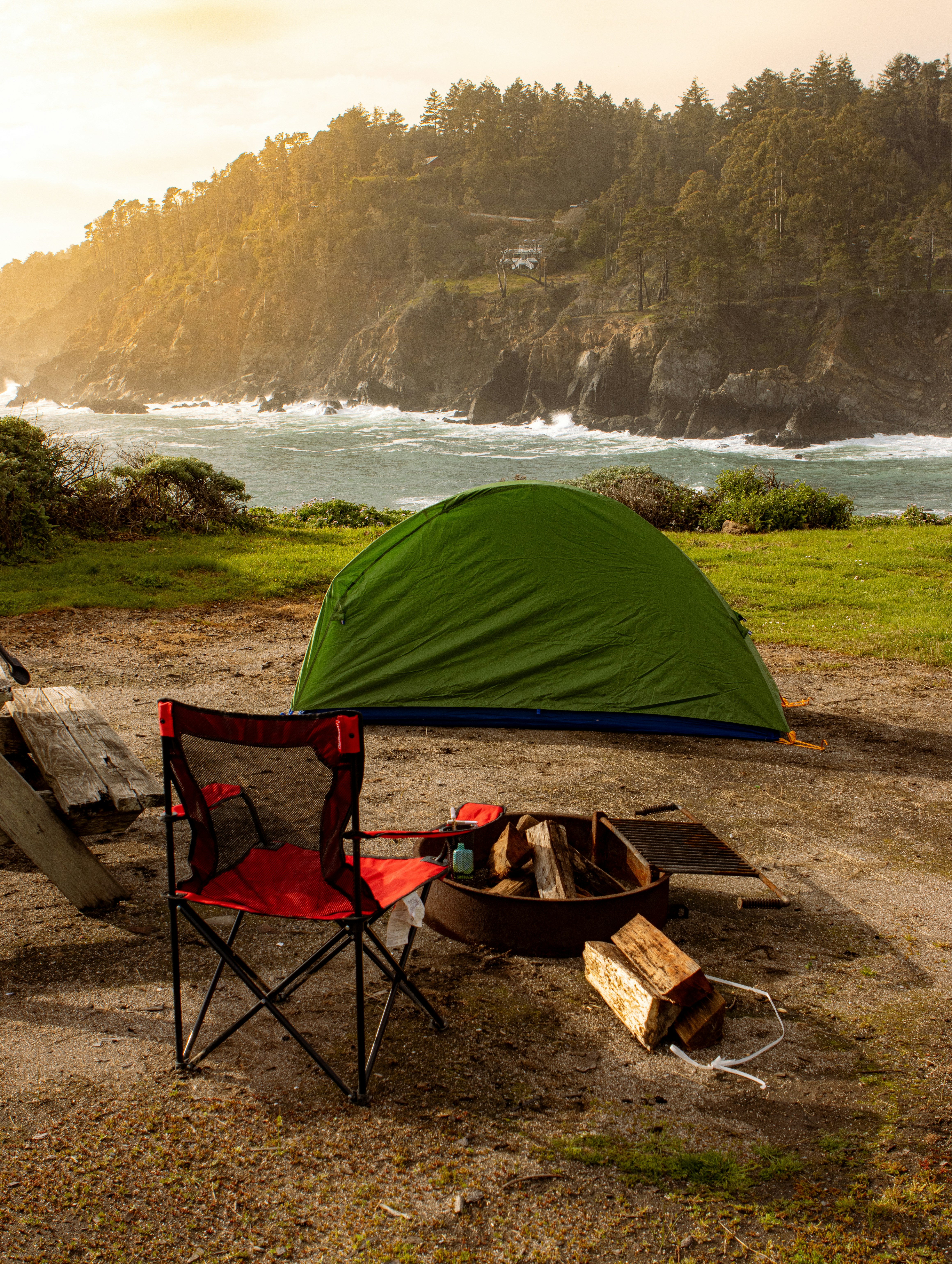 Camping near the ocean with a beautiful view.