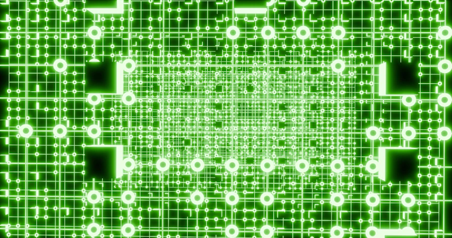 Render abstracto de un circuito en verde, representando tecnología de datos