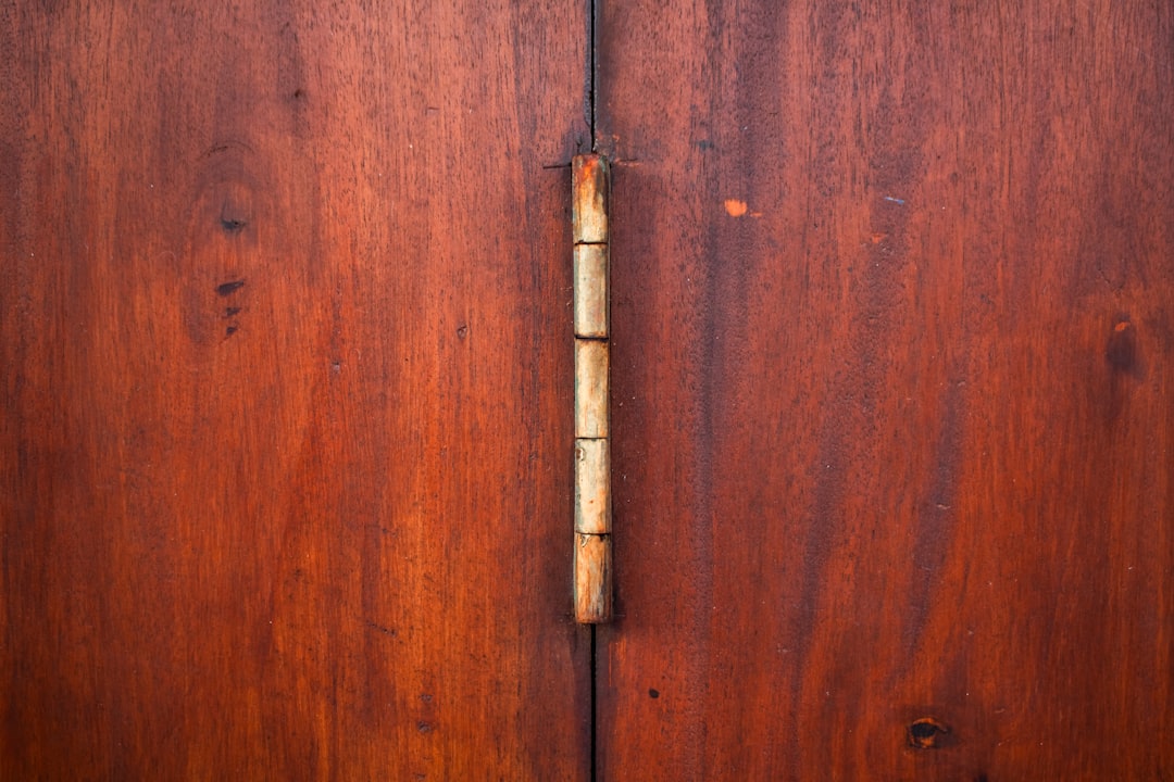 Wooden doors with a prominent hinge., An aged metal butt hinge connecting two panels of warm, reddish-brown wood doors.