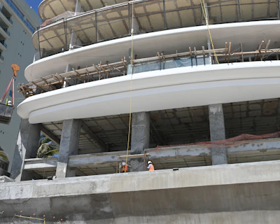 A modern building is under construction.