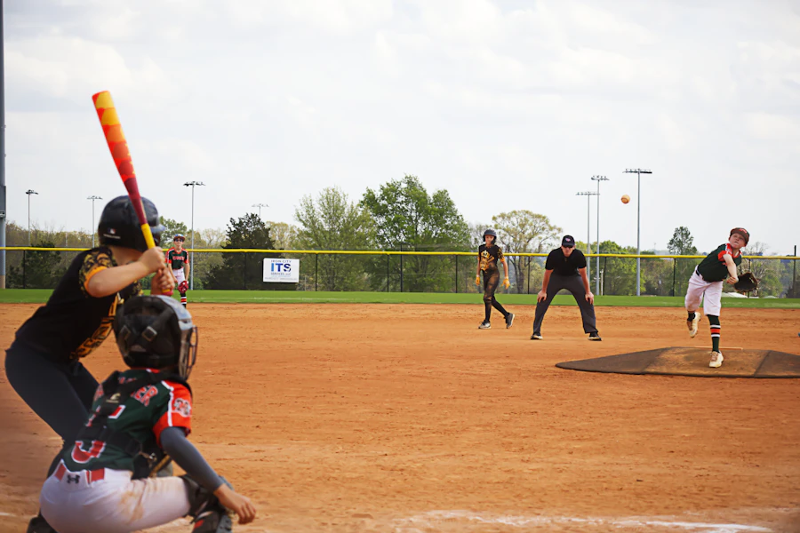 Softball game in progress at home plate