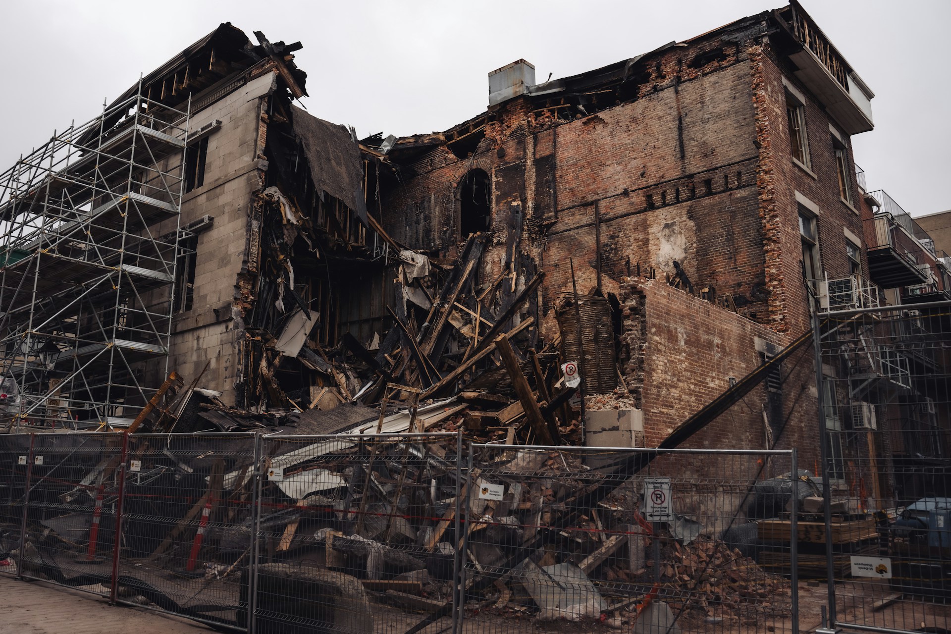 A damaged building is partially collapsed.