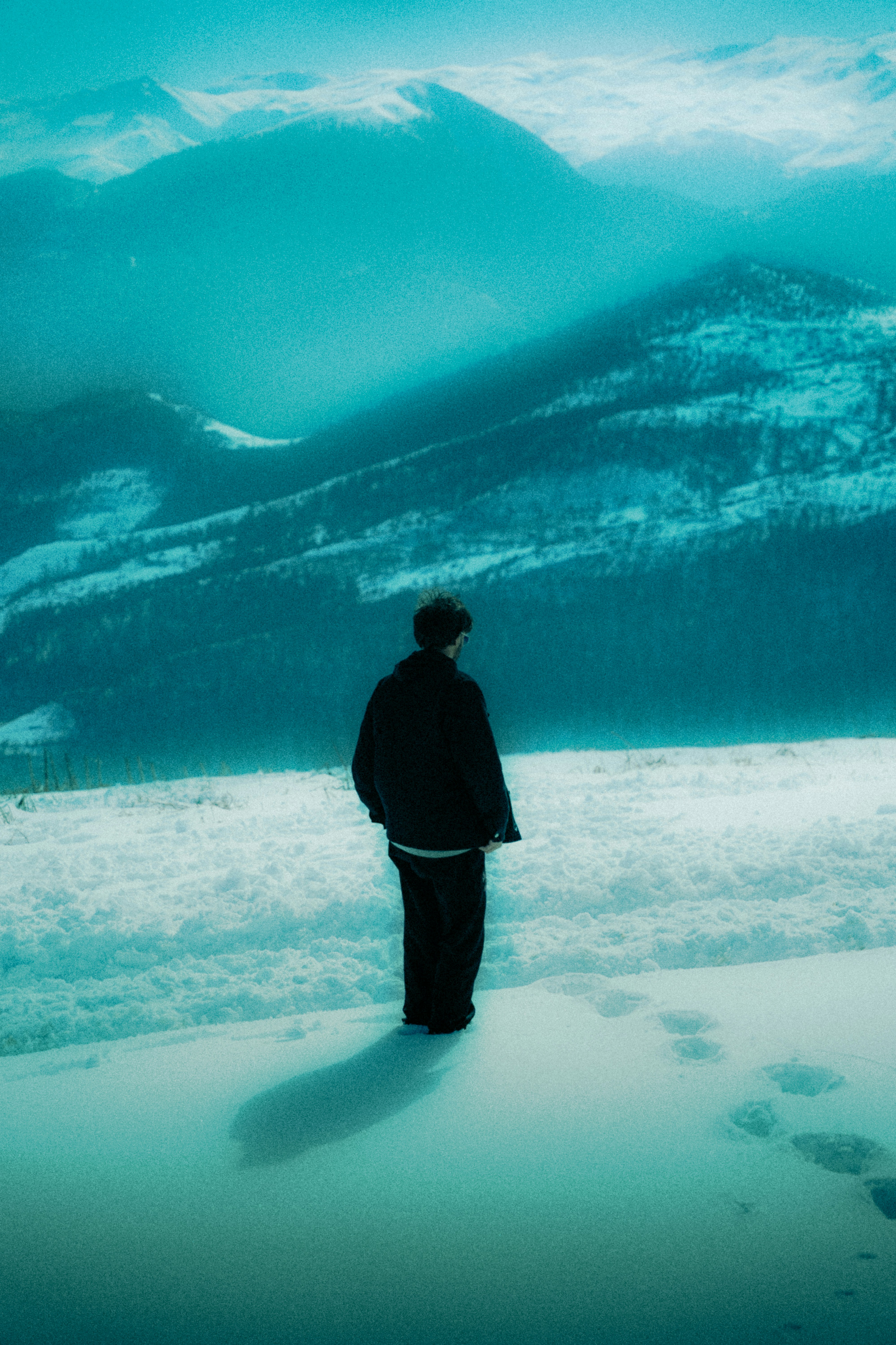 A person stands alone, gazing at snowy mountains.