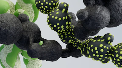 Abstract organic forms in green and black.