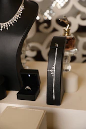 Jewelry display featuring diamonds, rings, and a necklace.