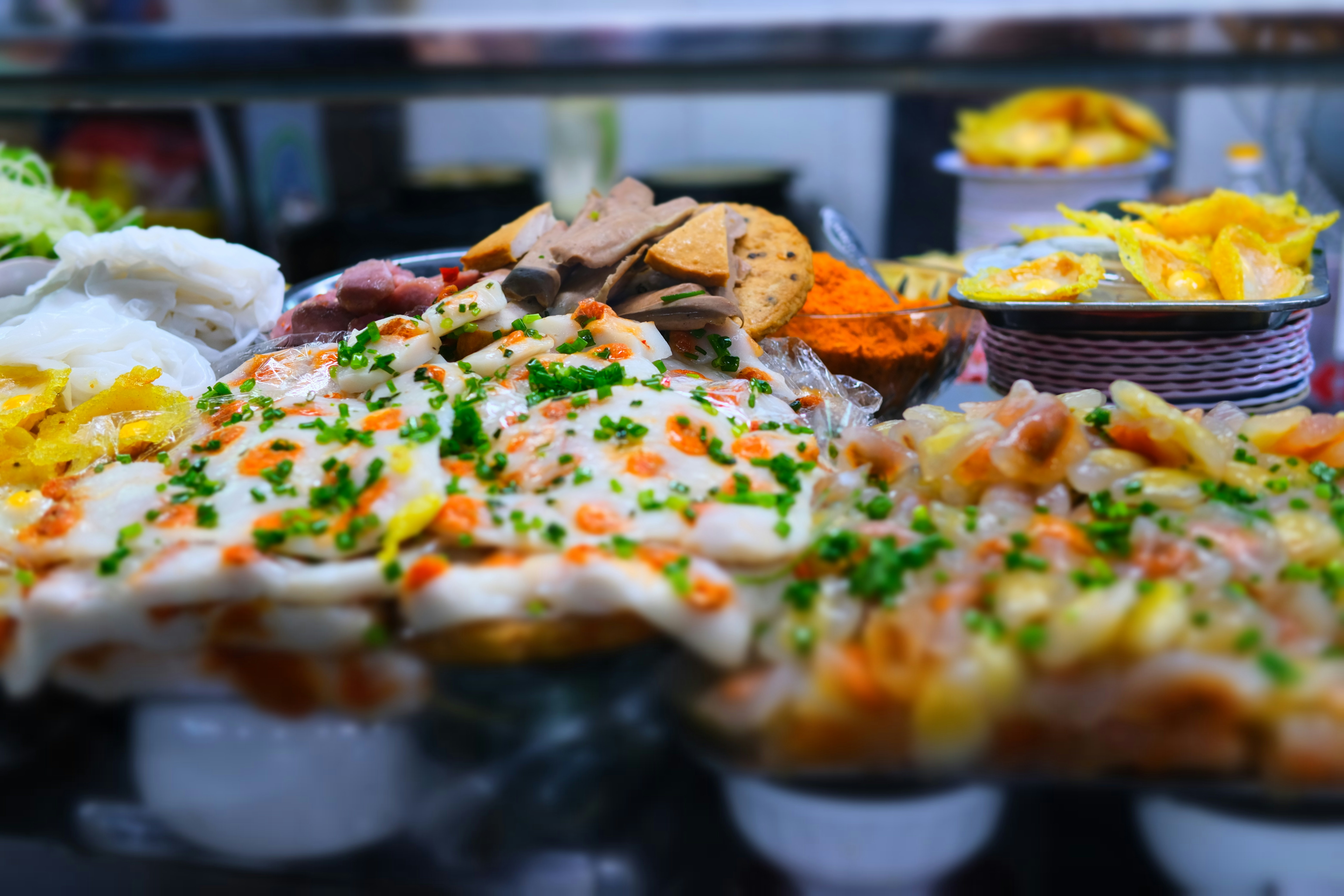 A display of delicious foods, ready to eat.