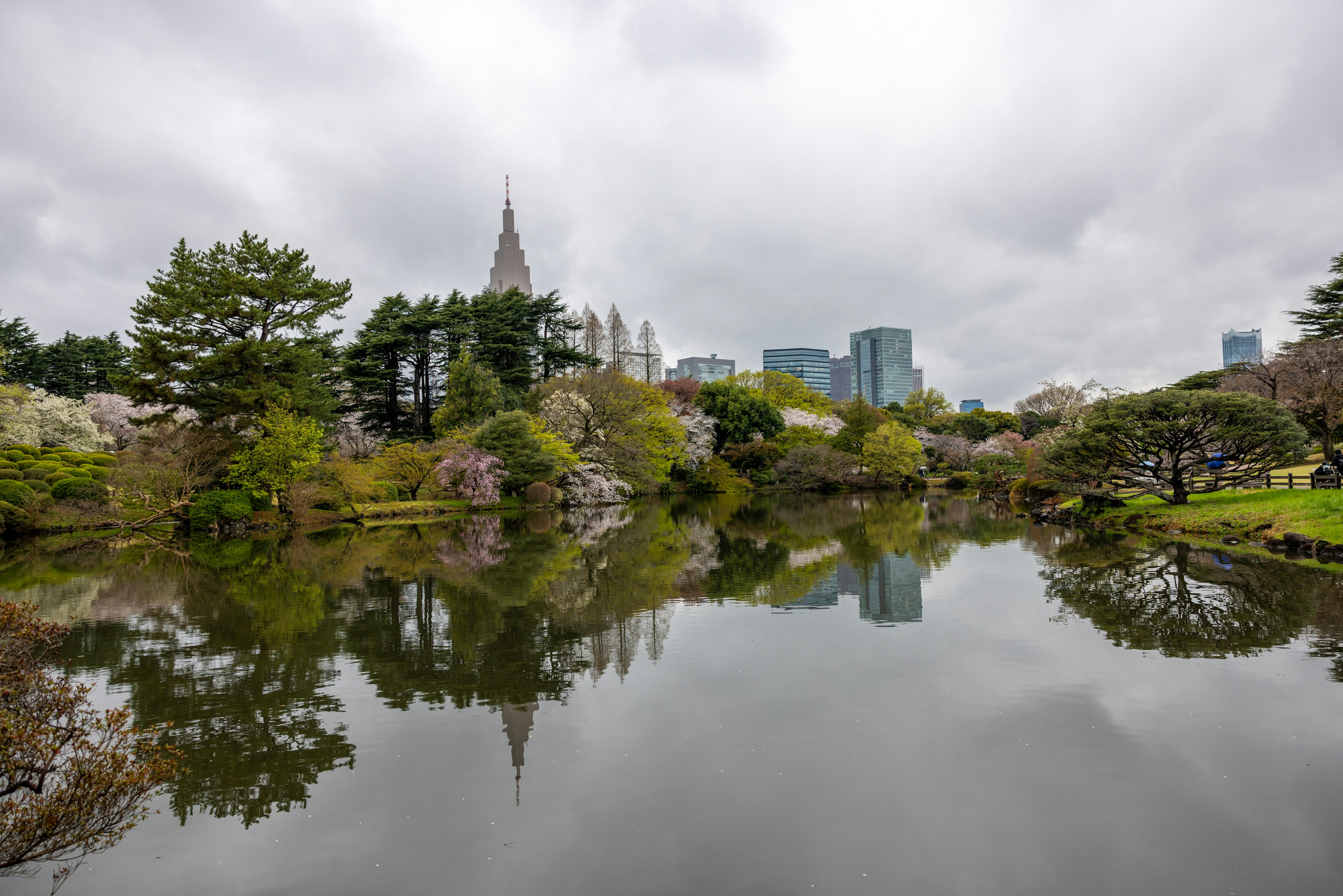 穏やかな湖は、街の建物や木々を映し出しています。
