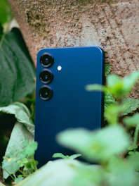 A blue smartphone rests against a tree