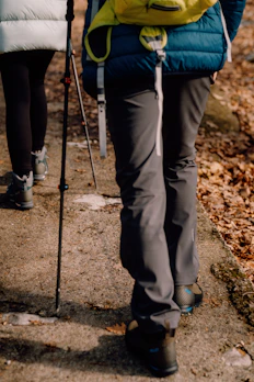 People are hiking on a path in the woods.