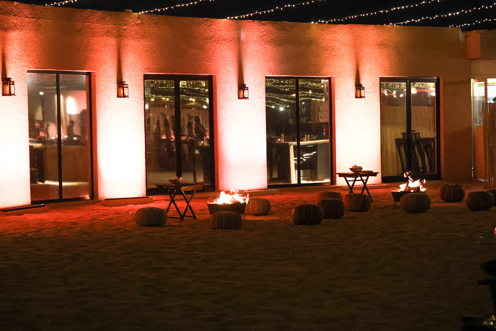 A desert camp outside Dubai lit up after dark