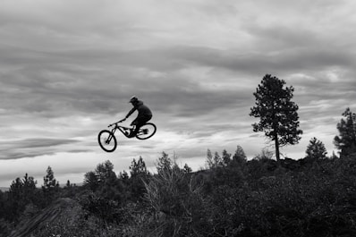 A mountain biker soars through the air.