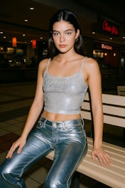 A woman poses in a mall wearing shiny clothing.