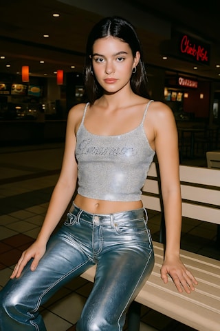 A woman poses in a mall wearing shiny clothing.