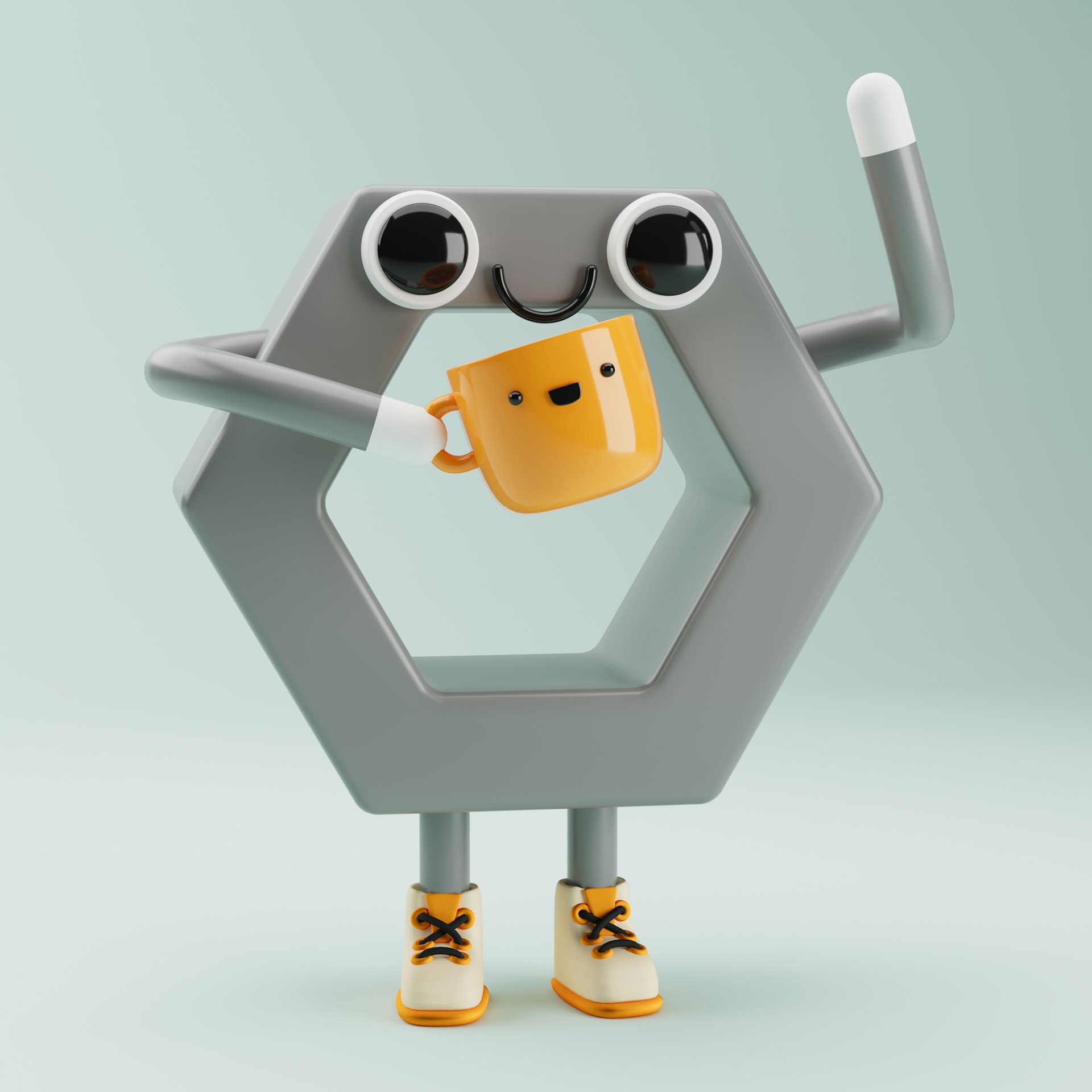 A cute geometric character holding a coffee mug.
