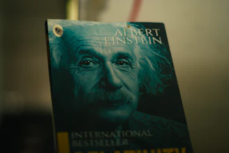 A book about albert einstein is displayed.
