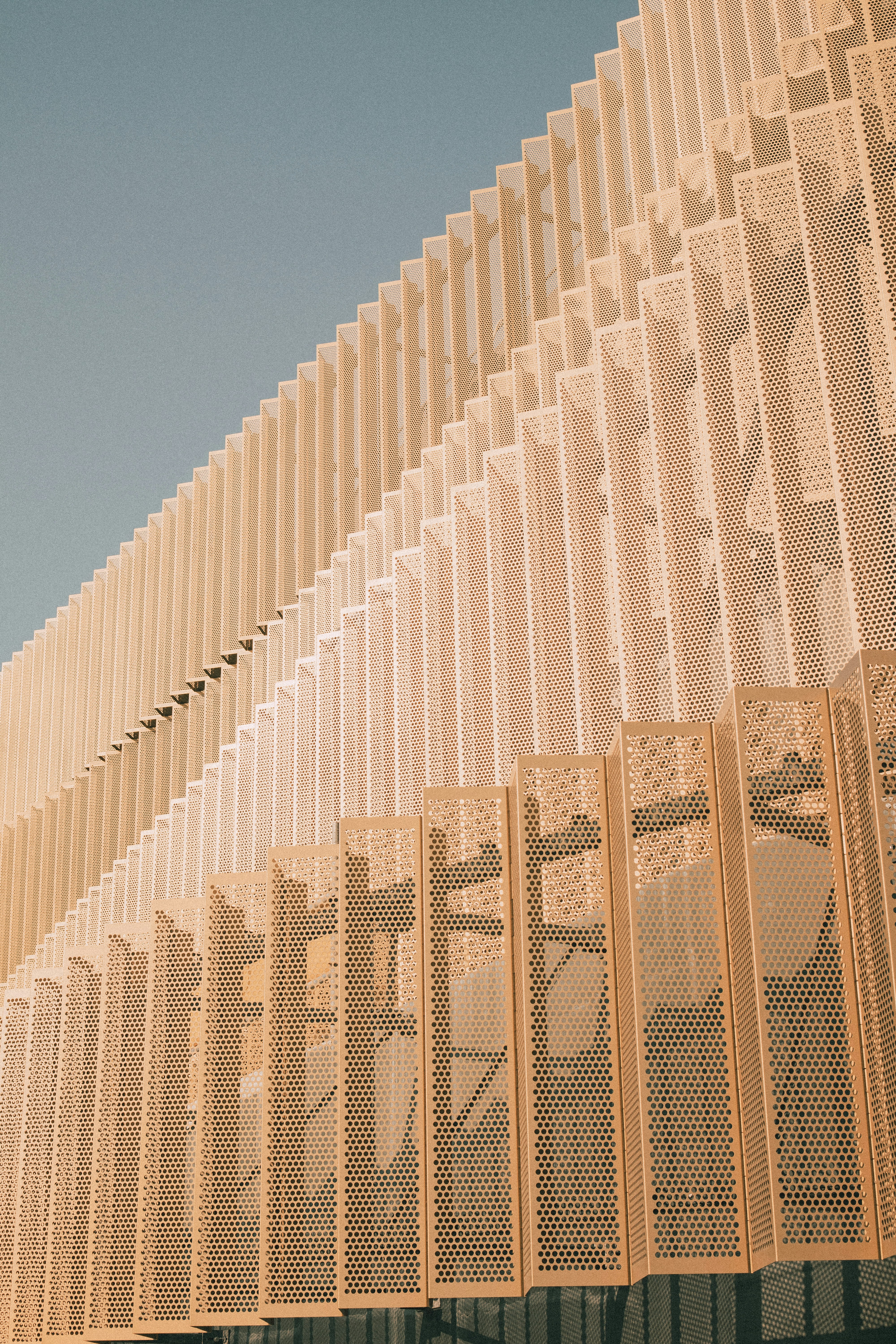 Modern building facade with geometric design.