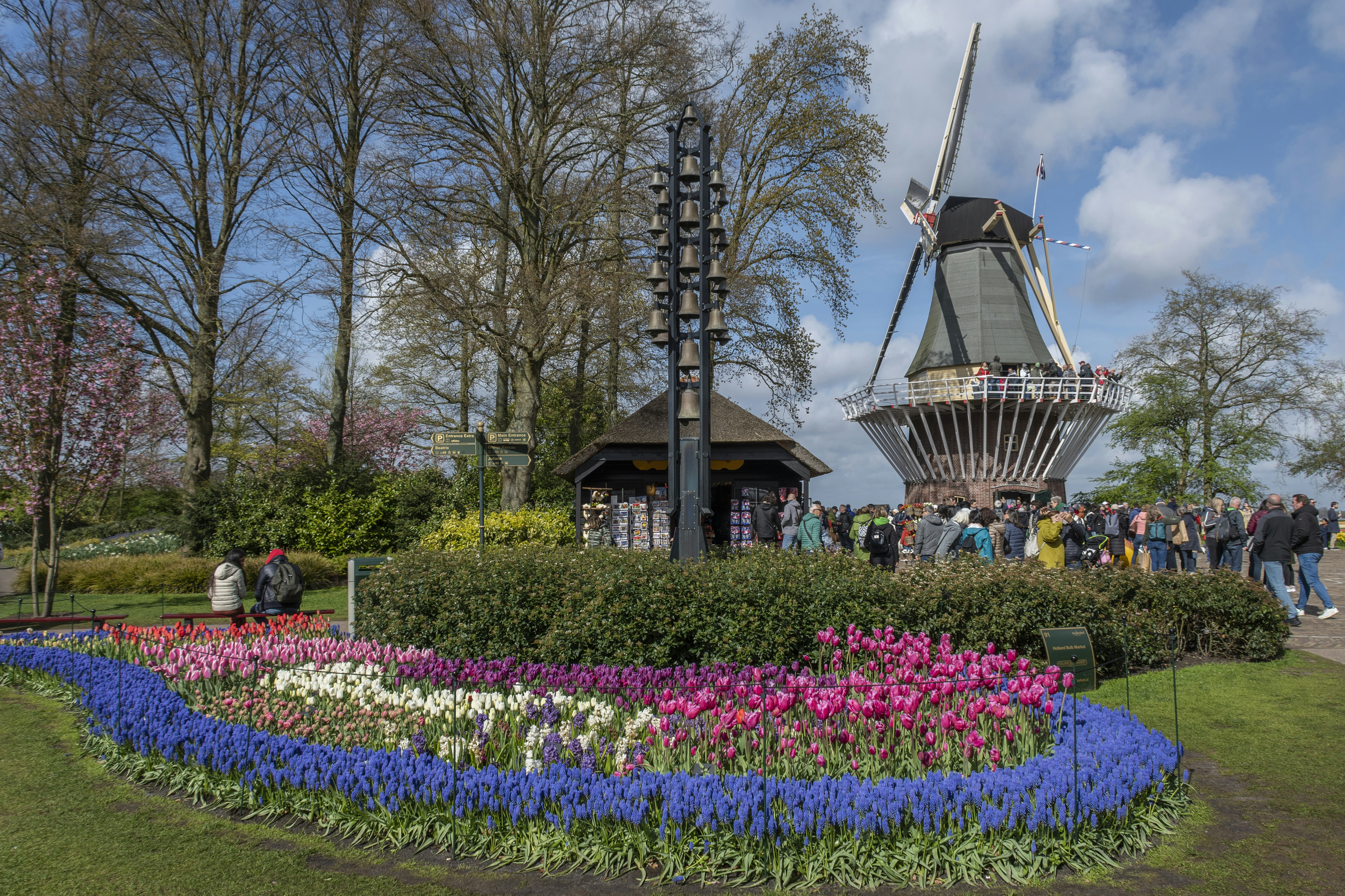 A windmill surrounded by colorful flowers and people.