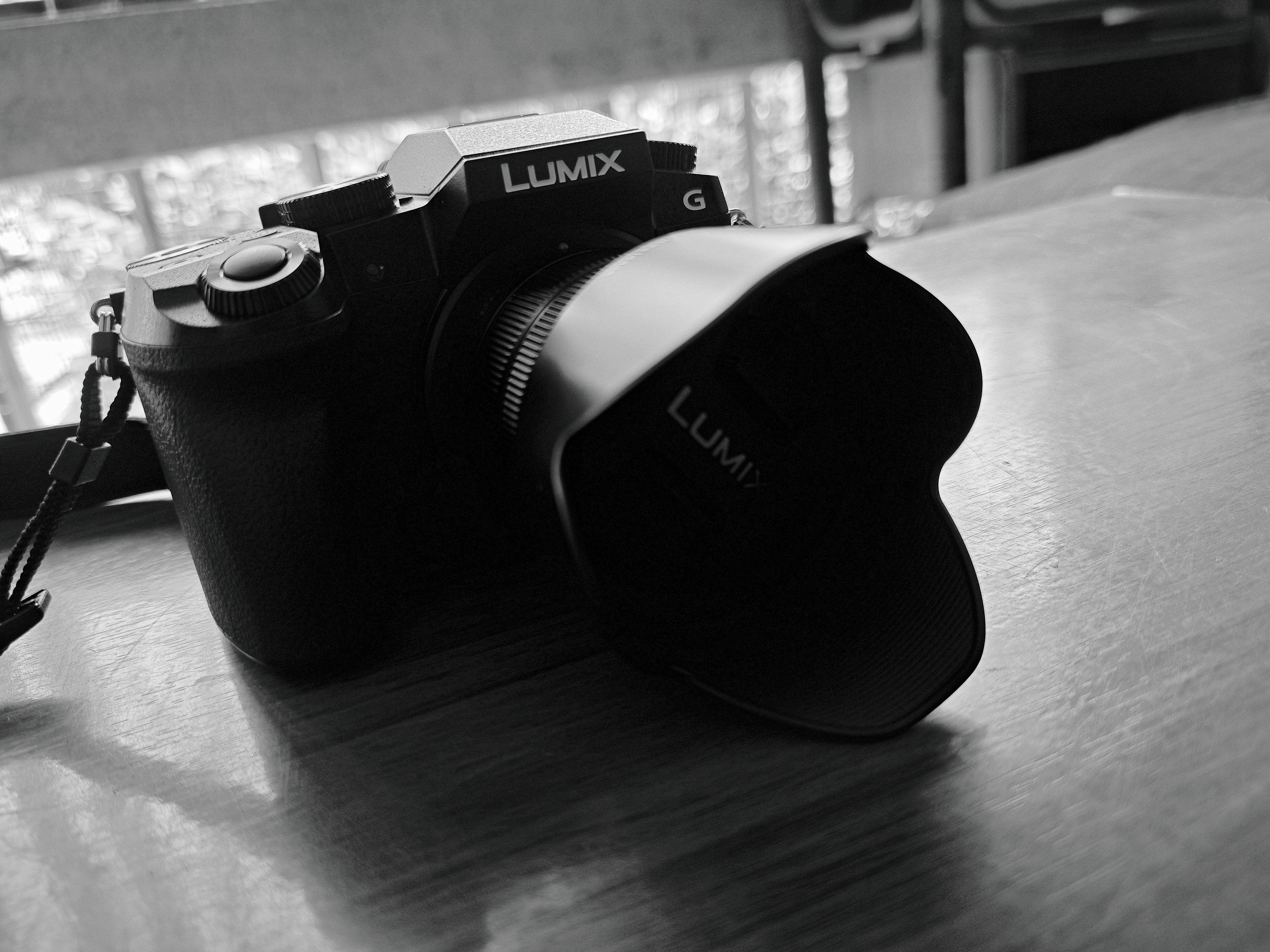 Uma imagem em preto e branco de uma câmera lumix.