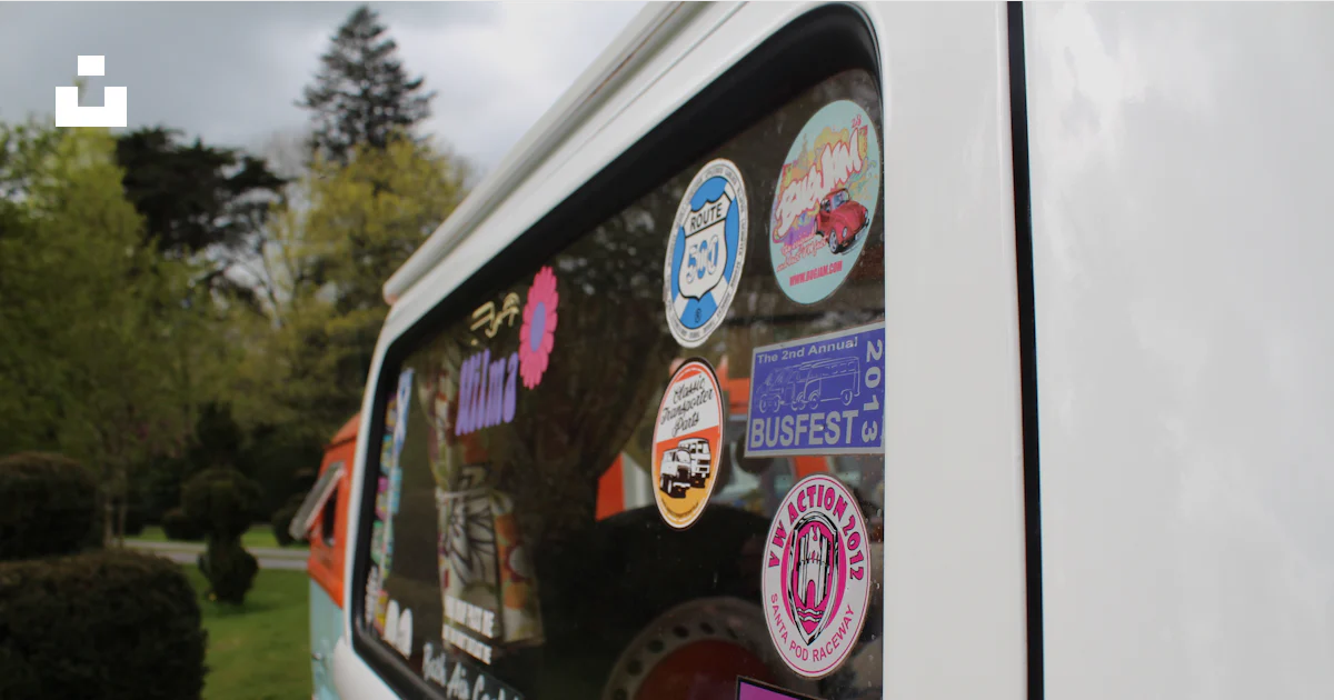 Bus Window Contactless Sticker Vintage van window filled with travel stickers. photo – Free Car Image ...