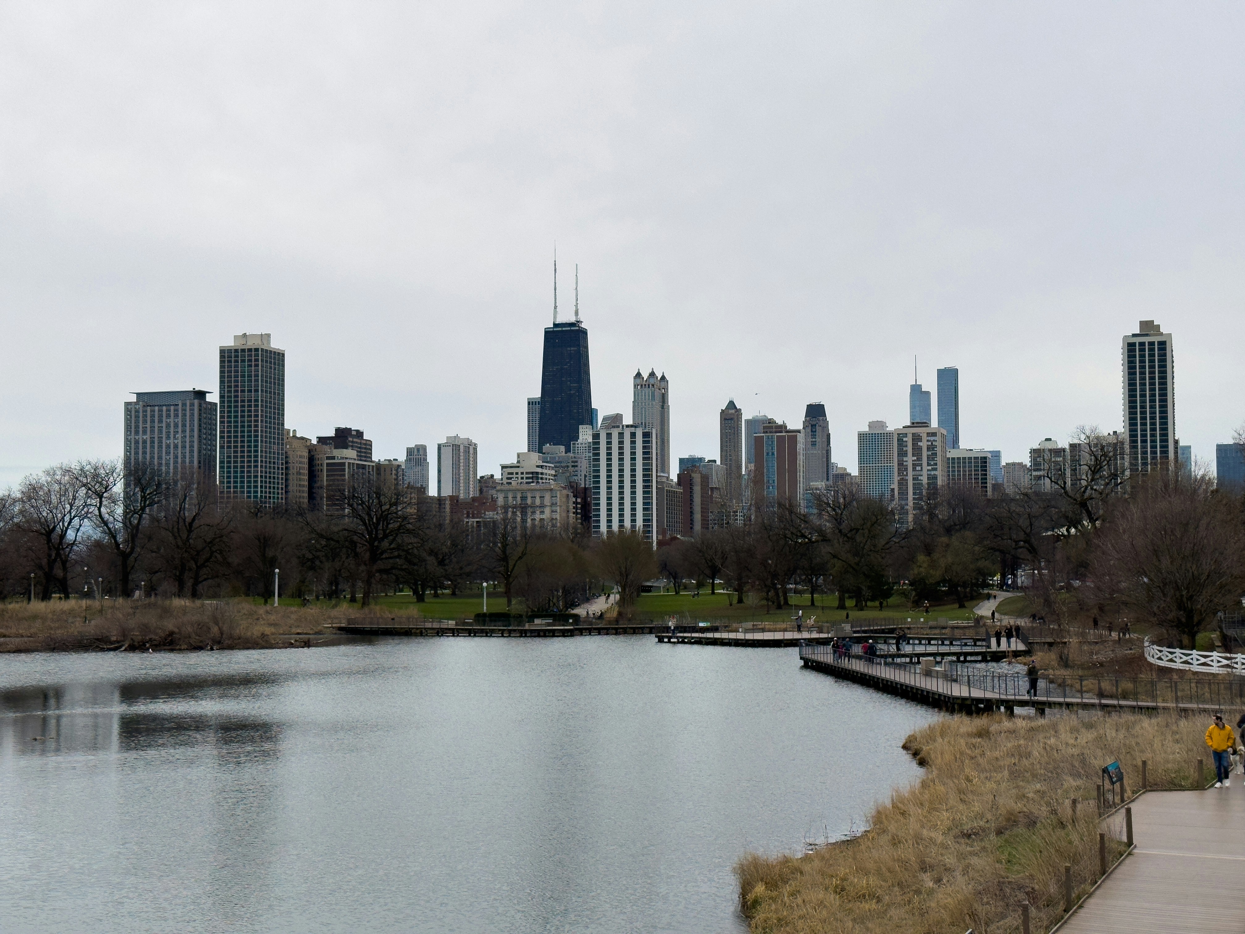 Chicago skyline is viewed across the lake.
