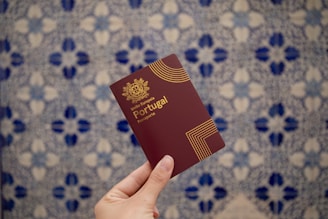 A hand holds a portuguese passport.