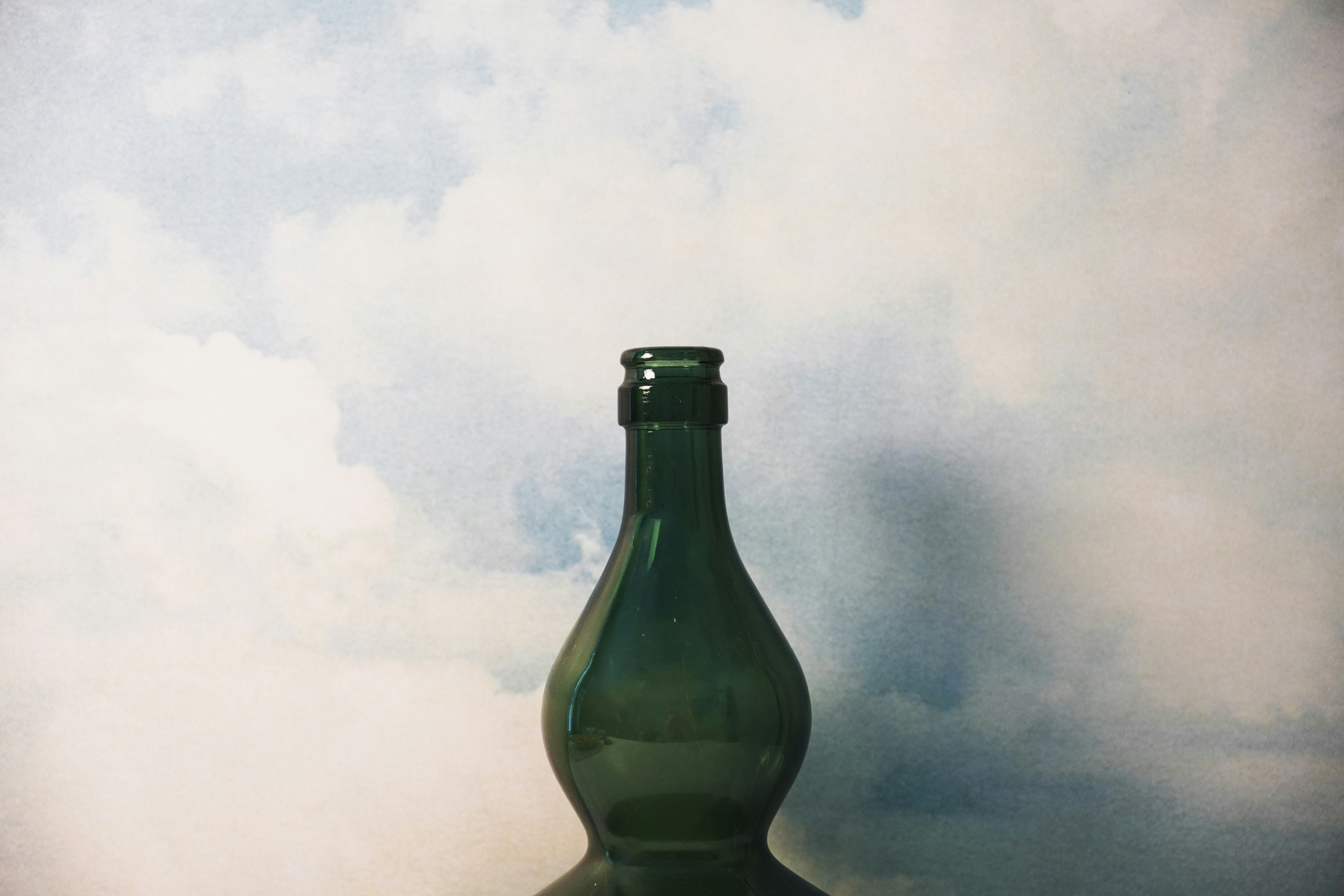 A green bottle stands before a cloudy sky