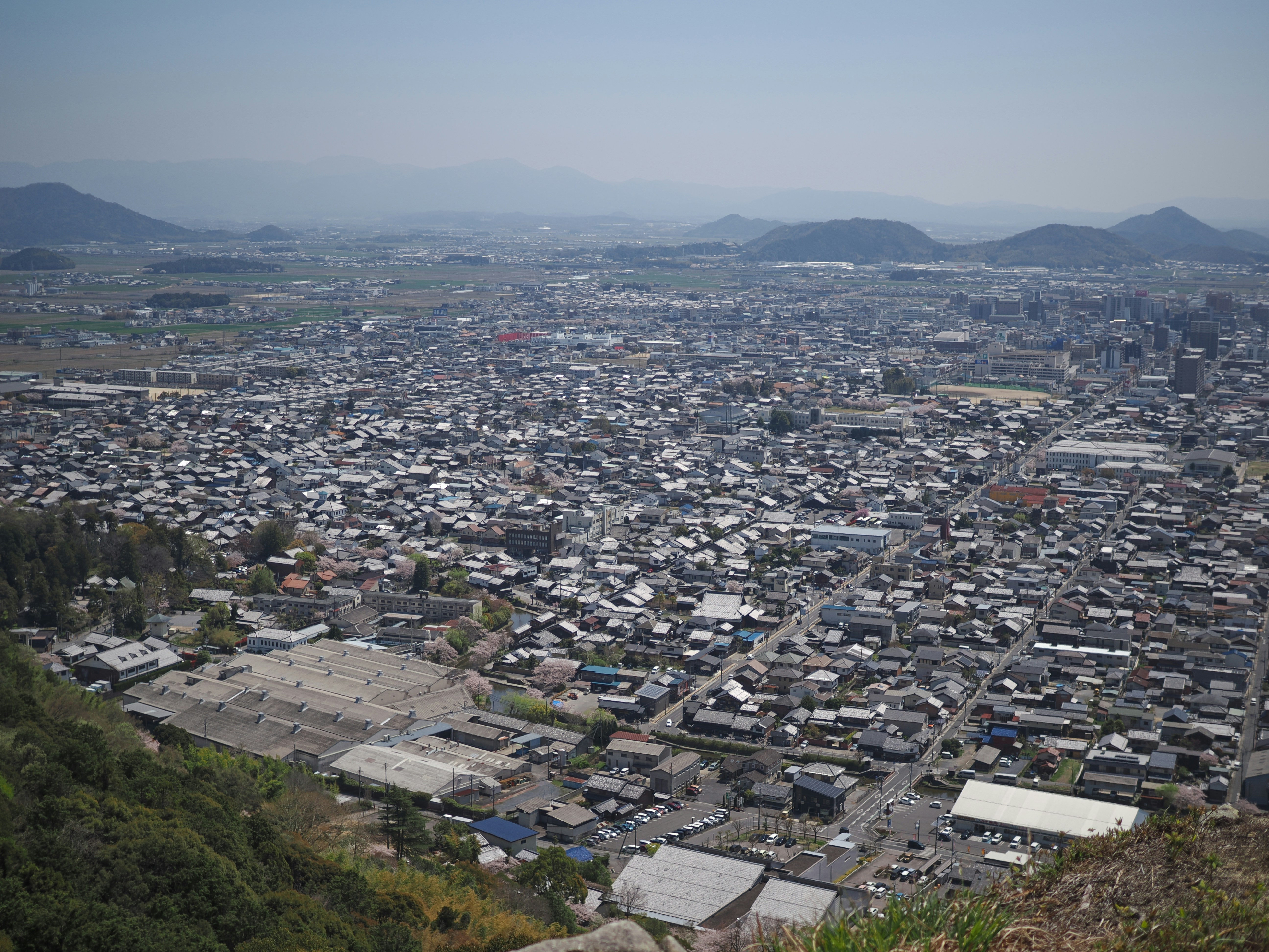 A city view sprawls under a hazy sky.