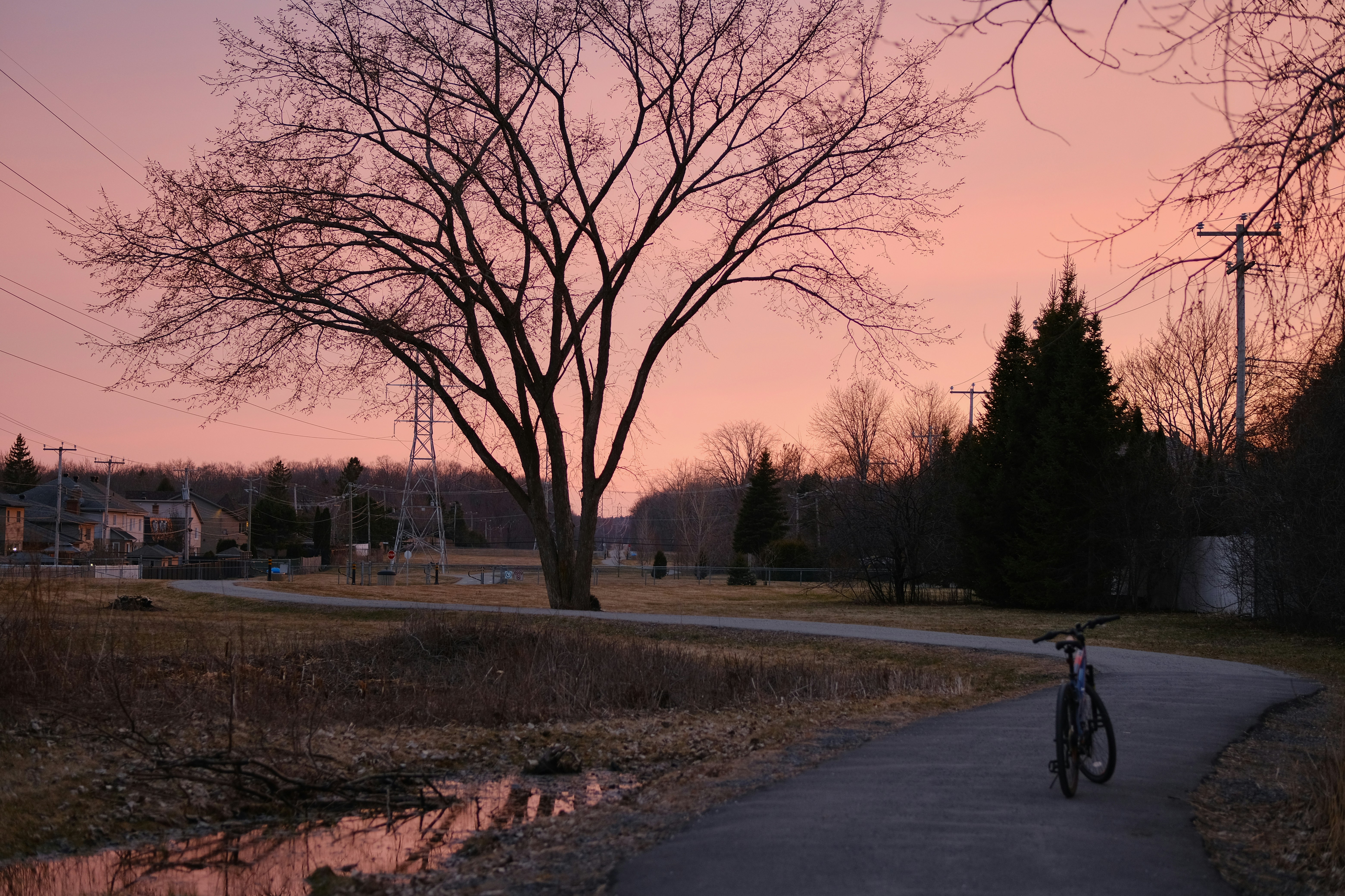 A bicycle rests on a path during sunset.