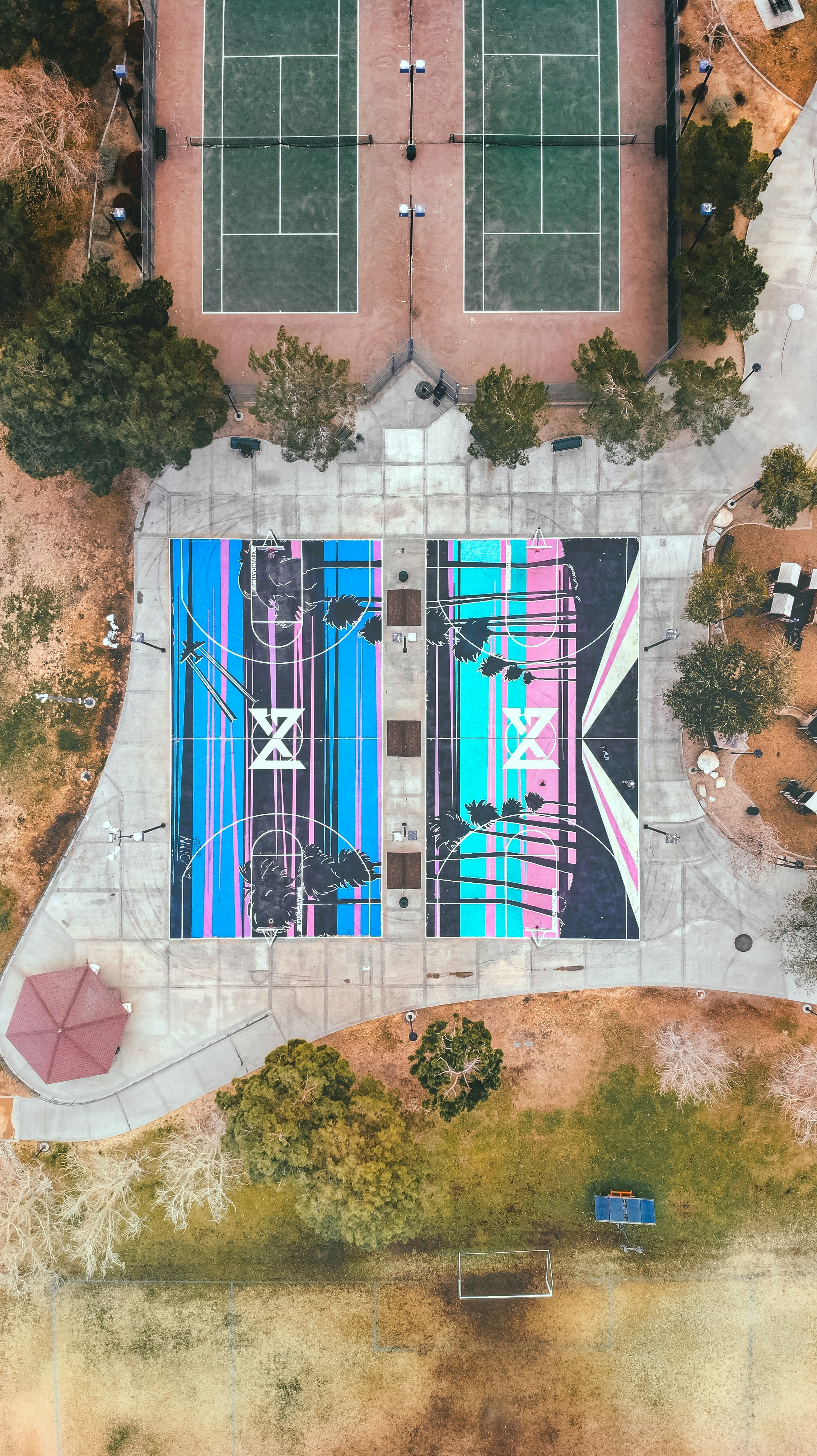 Basketball and tennis courts from a bird's-eye view.