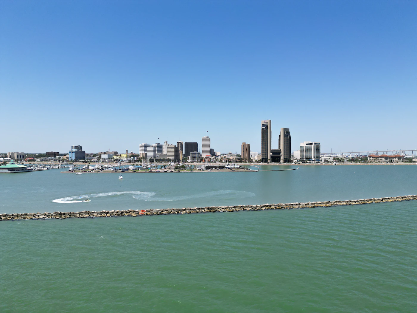 Aerial view of downtown Corpus Christi and the bay