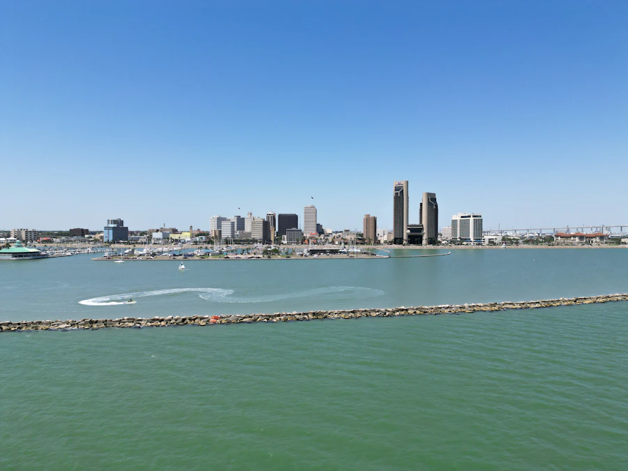 Aerial view of downtown Corpus Christi and the bay