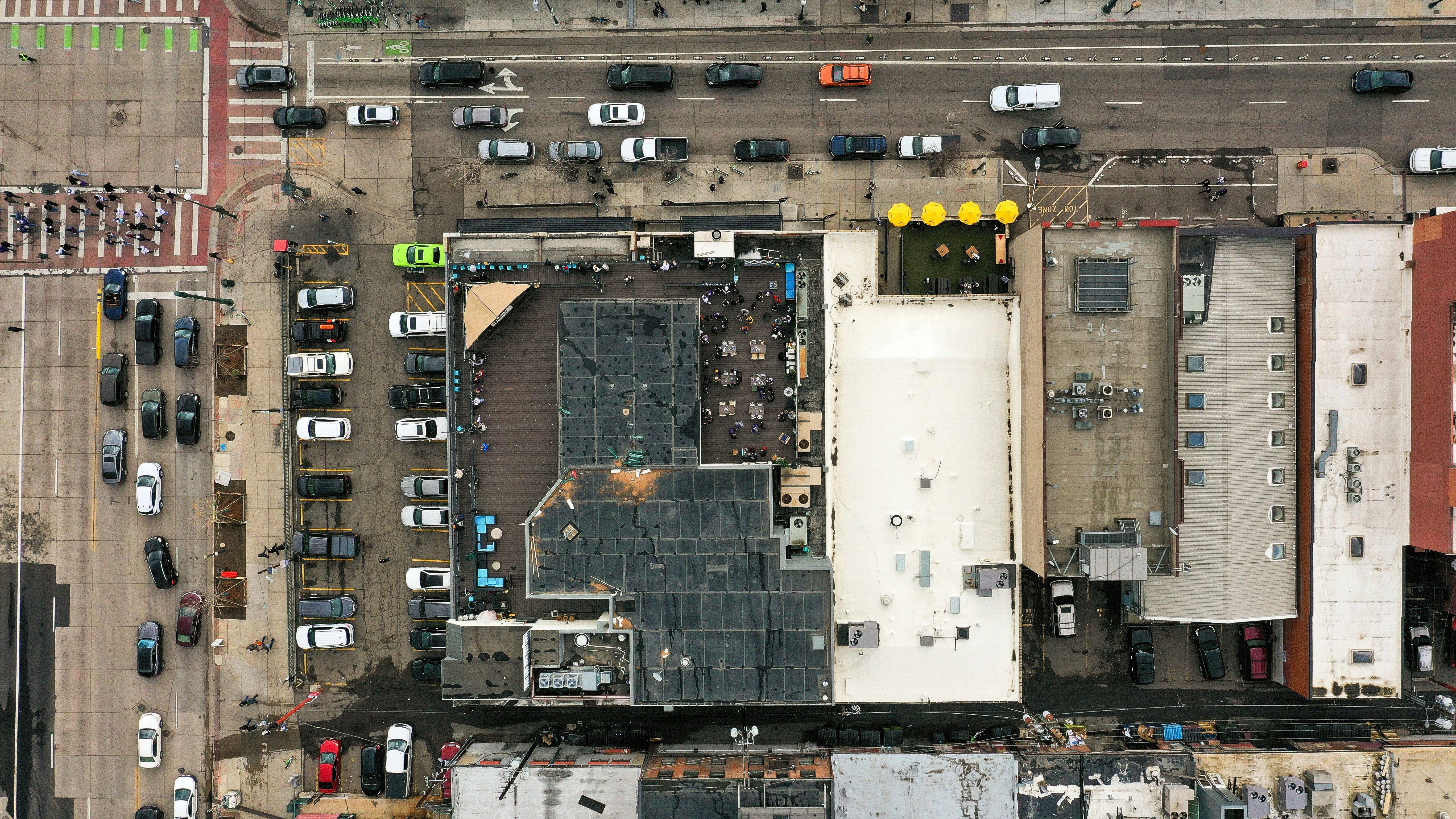 An aerial view of buildings and streets.